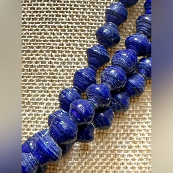AKOLA NECKLACE HANDMADE RICE PAPER BEADS COBALT BLUE BRASS TONE MALTESE CROSS - Picture 10 of 16